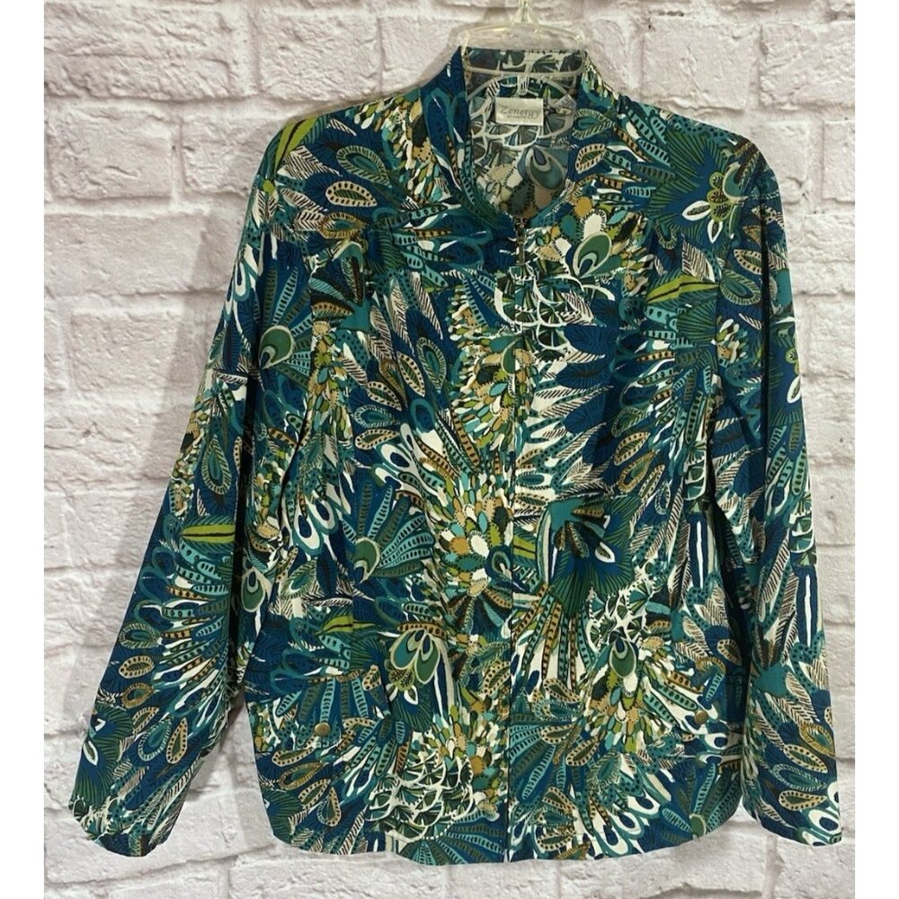 CHICOS Zenergy Womens Green Blue Peacock Long Sleeve Pocket Full Zip Jacket 3 XL